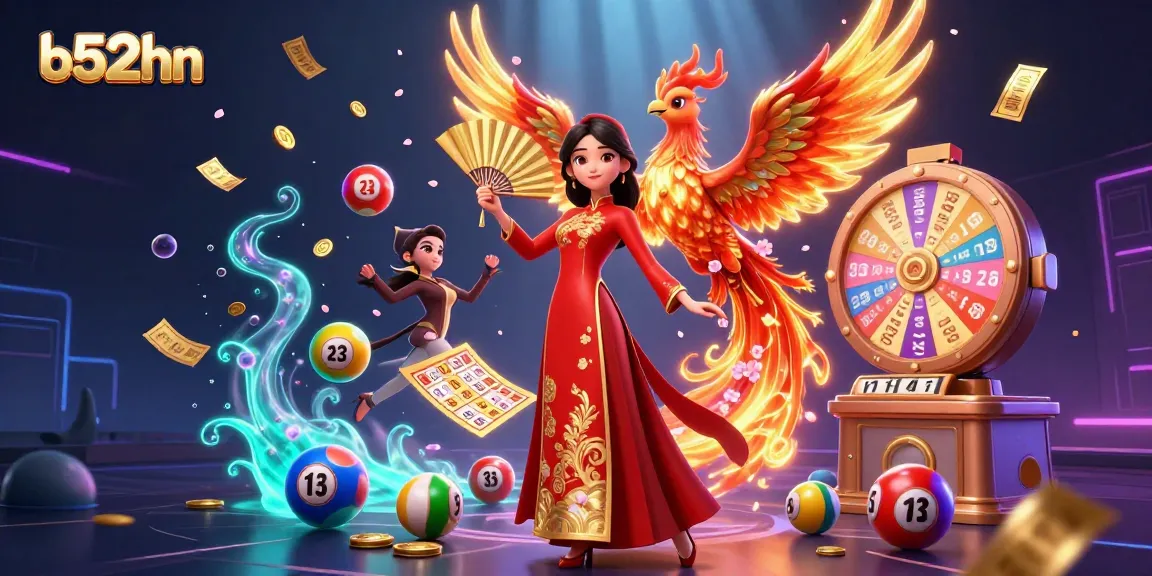 B52hn unveils a vibrant 3D illustration with a Vietnamese beauty and a phoenix amidst lottery elements, embodying the gaming spirit.