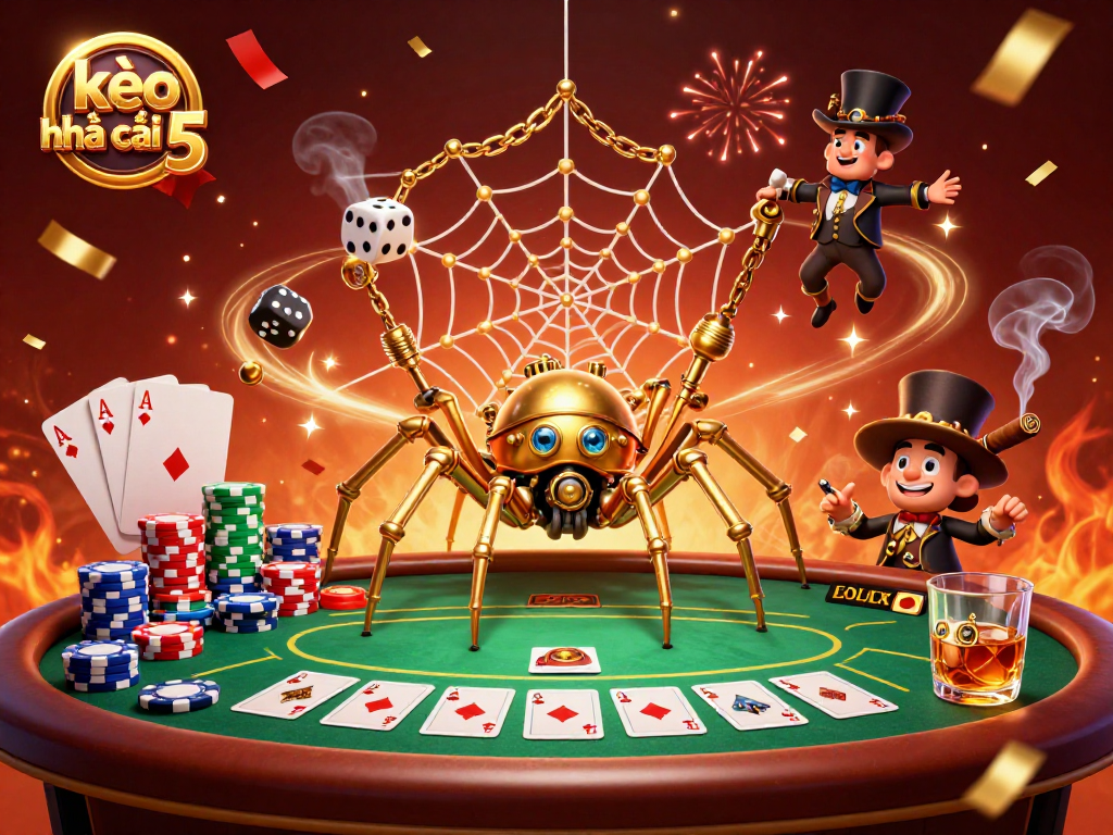Engage with kèo nhà cái 5 by witnessing a steampunk spider's whimsical poker web creation.