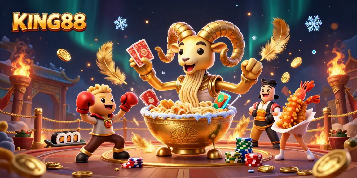 KING88 showcases an epic battle with a golden ramen bowl character, cards, and chips during an exciting casino event.
