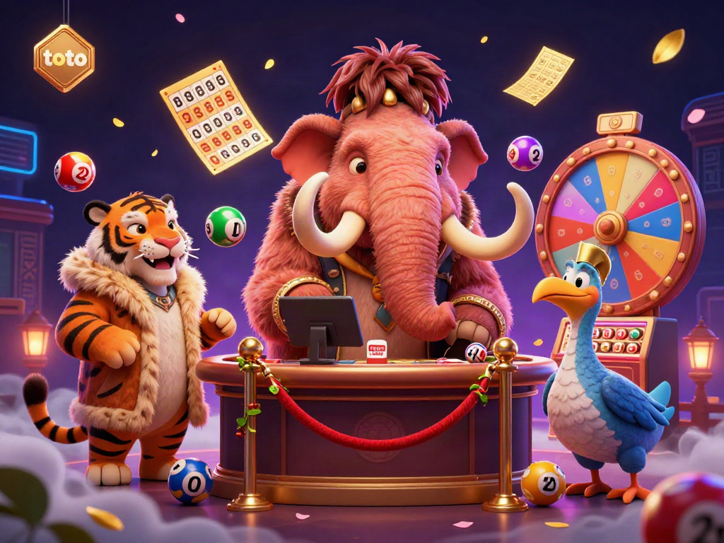 Experience the excitement at toto's vibrant lottery scene with a woolly mammoth bouncer welcoming guests.