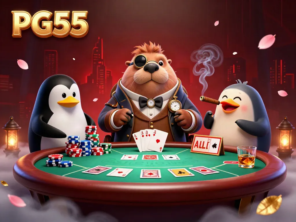 Play exciting poker with PG55 characters in a vibrant underwater casino.