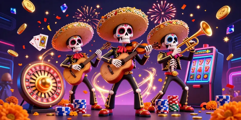Engage with JUN88's vibrant casino experience featuring a mariachi band amidst a celebration of gold coins and gems.