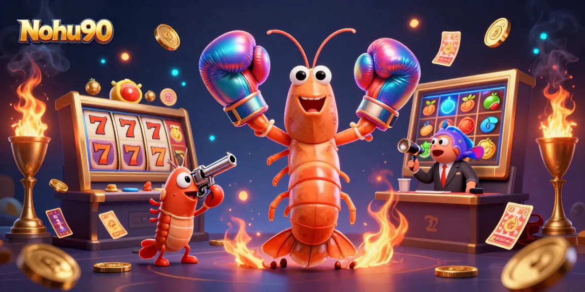 Nohu90 captures thrilling casino action with an exciting 3D illustration of vibrant characters and gaming elements.
