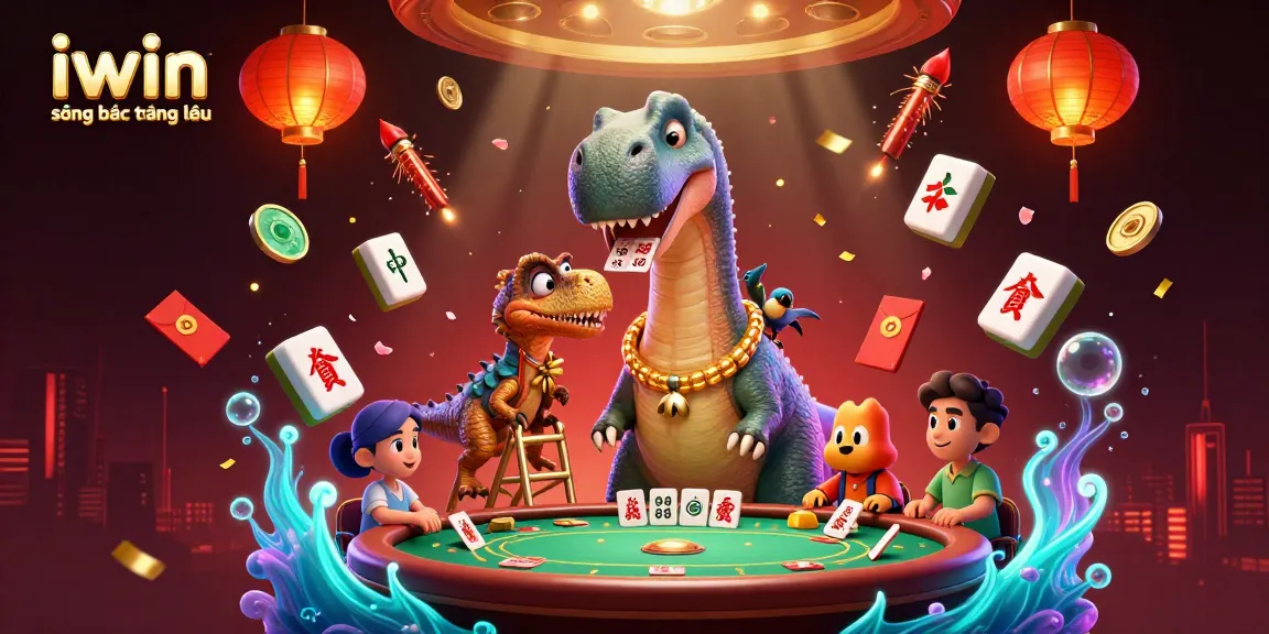 Engage with iwin sòng bạc thượng lưu through vibrant 3D casino illustration featuring dinosaurs and gaming elements.