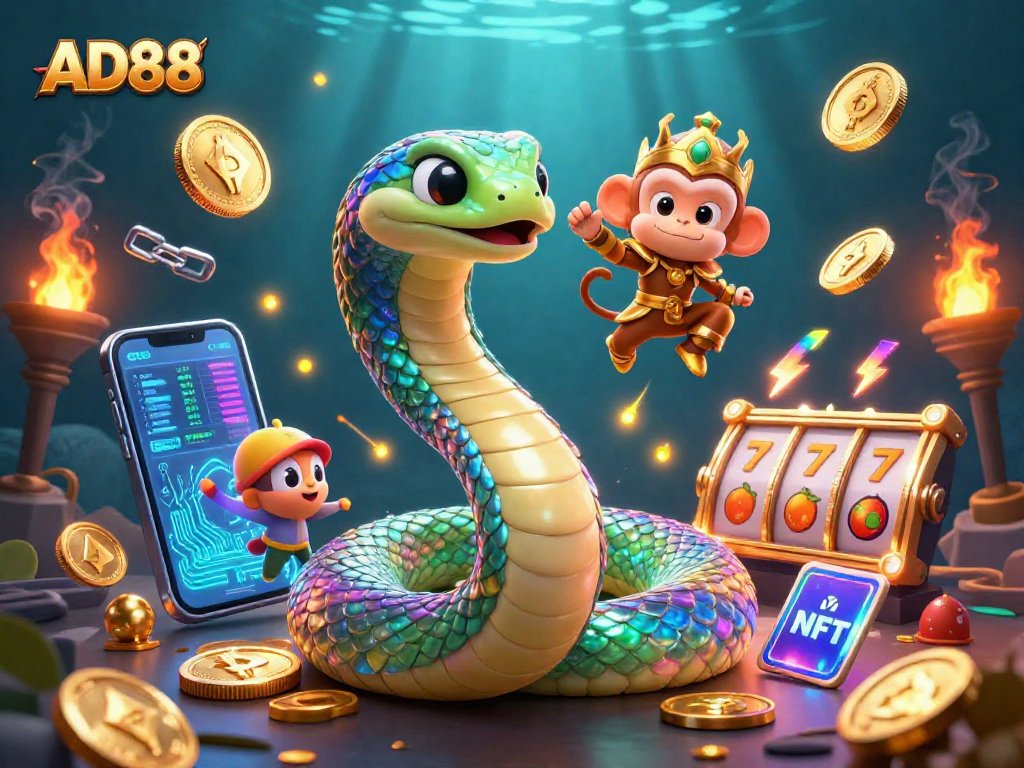 Engage in thrilling gameplay at AD88 with vibrant 3D casino illustrations showcasing crypto elements.