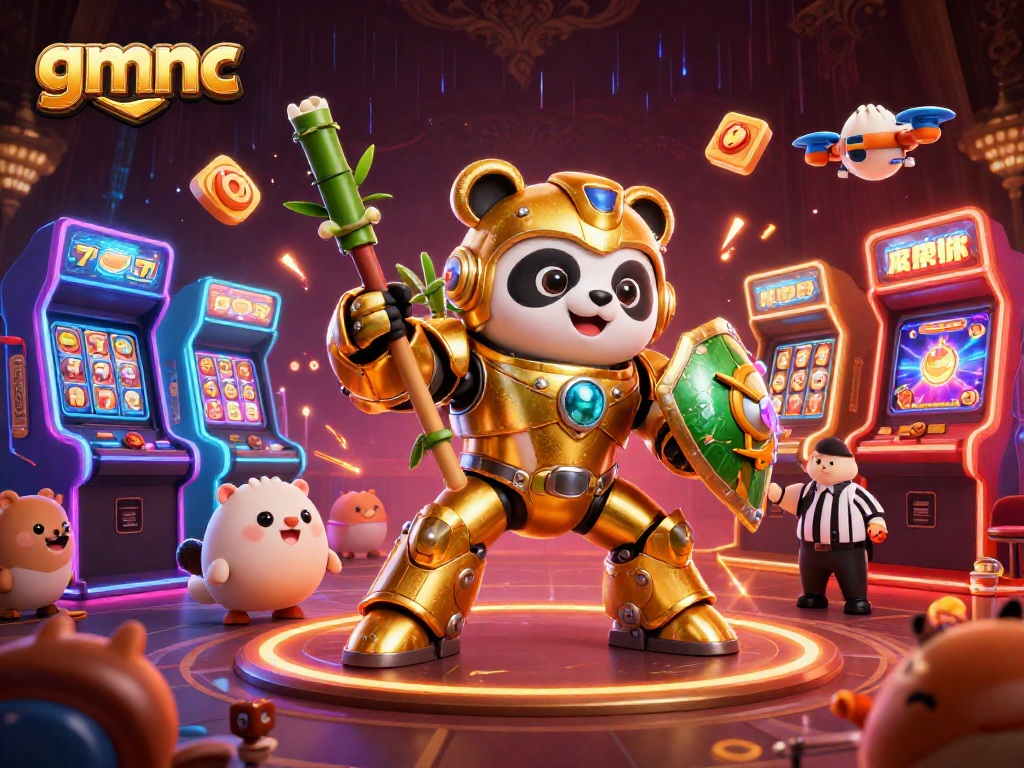 Engage winning strategies at gmnc with a vibrant casino arena featuring a mech-suit panda and arcade elements.