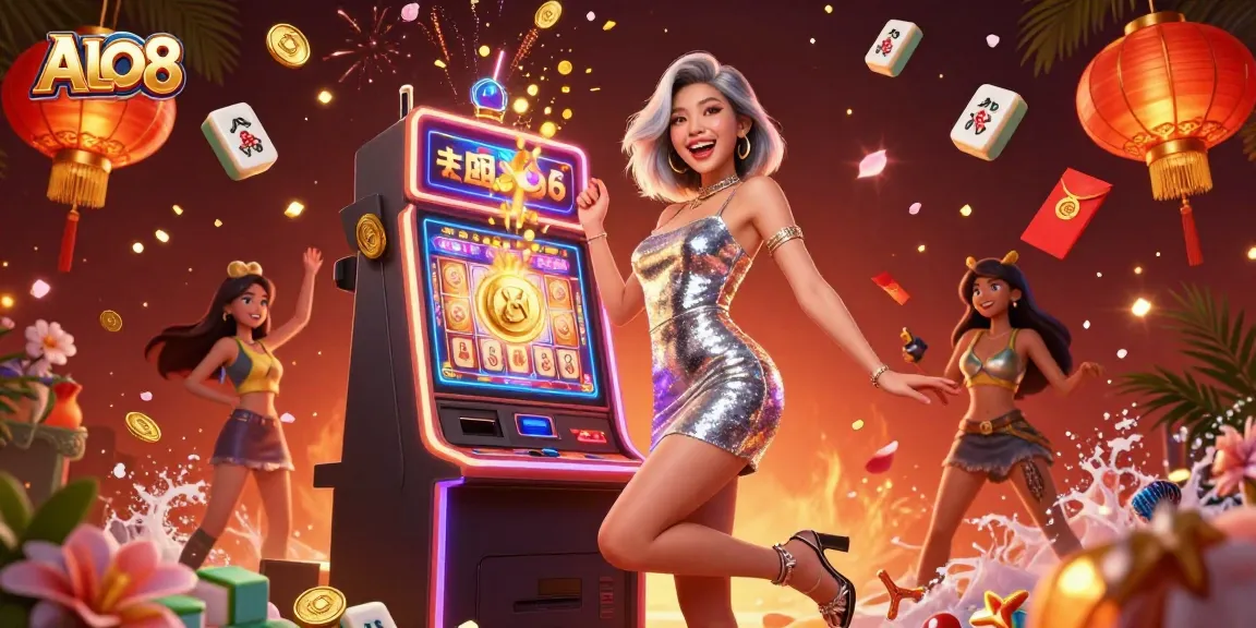 Spin the ALO8 jackpot slot machine amid vibrant casino festivities with exciting celebrations.