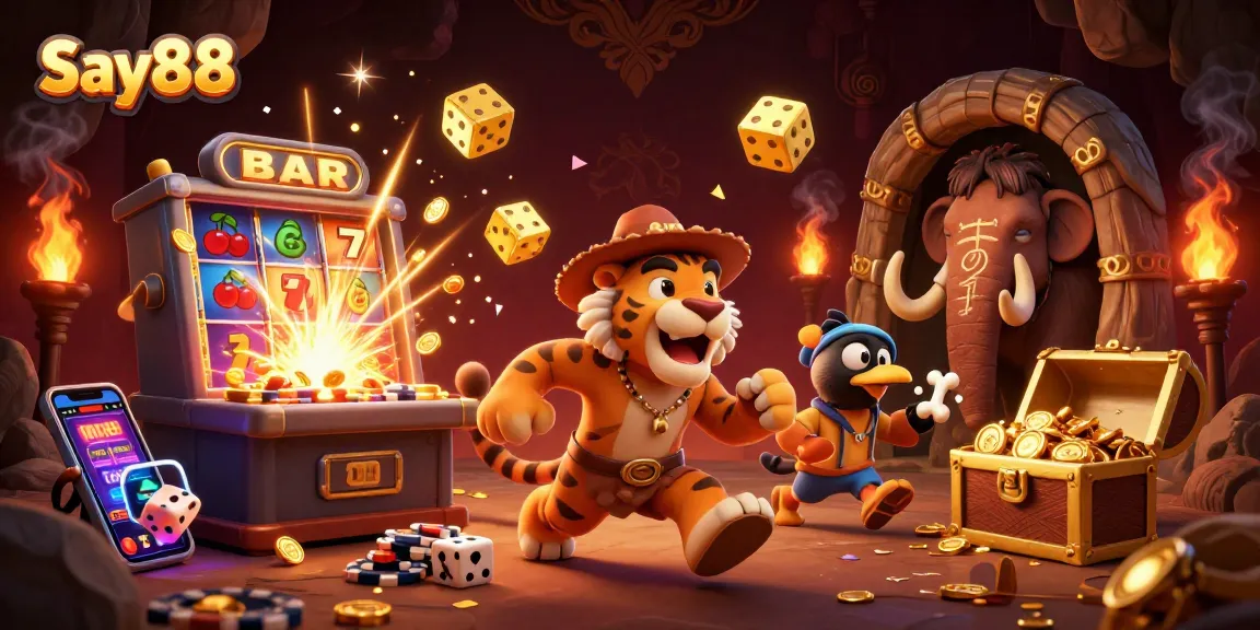 Engage in thrilling casino games at Say88 with an exciting caveman and sabertooth tiger duo