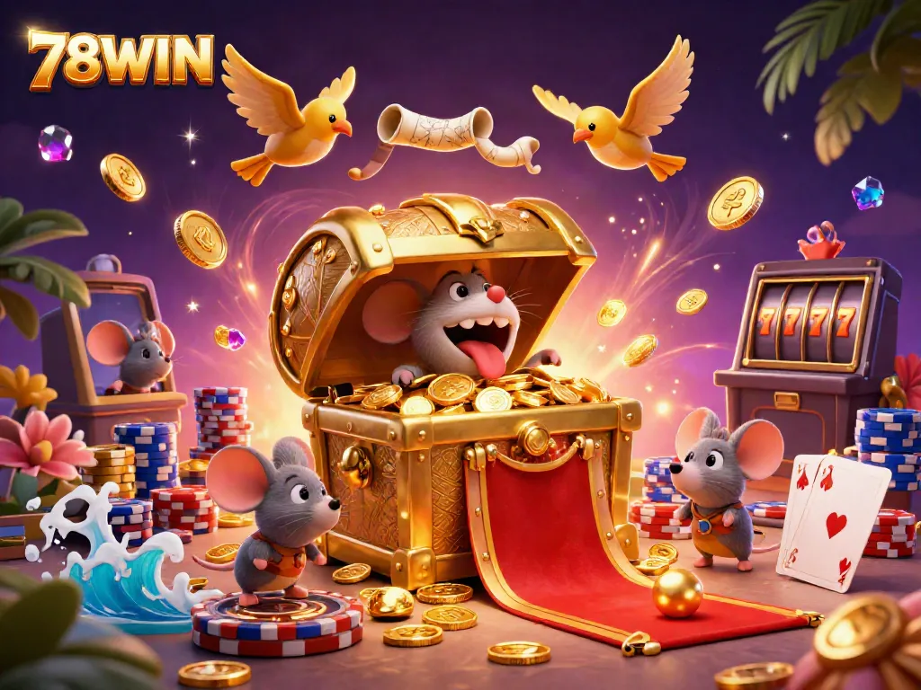 Experience thrilling gameplay with 78WIN in this vibrant casino scene filled with treasure and excitement.