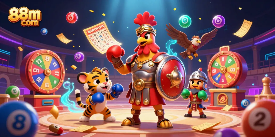 Engage with thrilling games at 88m com, featuring dynamic scenes of colorful lottery balls and exciting characters.