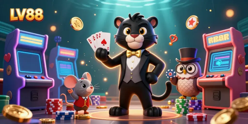 Experience vibrant gaming at LV88 with an elegant panther dealer, an owl with poker chips, and a lucky mouse by your side.