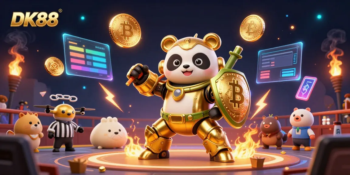 Engage in the action-packed casino world of DK88 with a mech-suit panda and vibrant game elements.