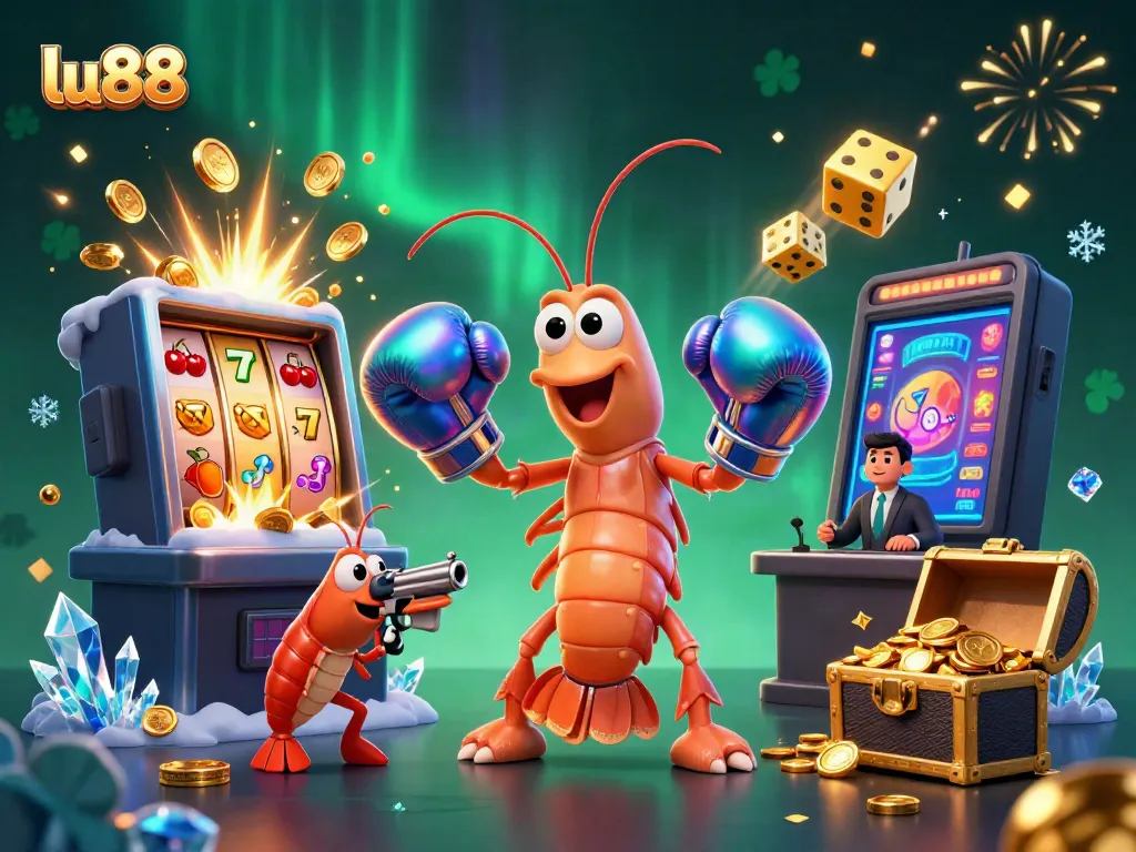 Engage with lu88 through a vibrant 3D illustration featuring casino elements like slot machines and golden treasures.