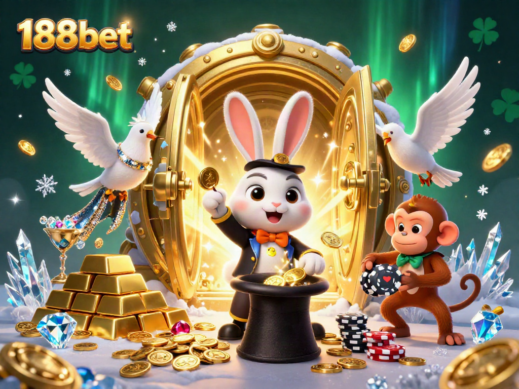 Experience the thrill of 188bet with a magician rabbit and casino-themed illustration.