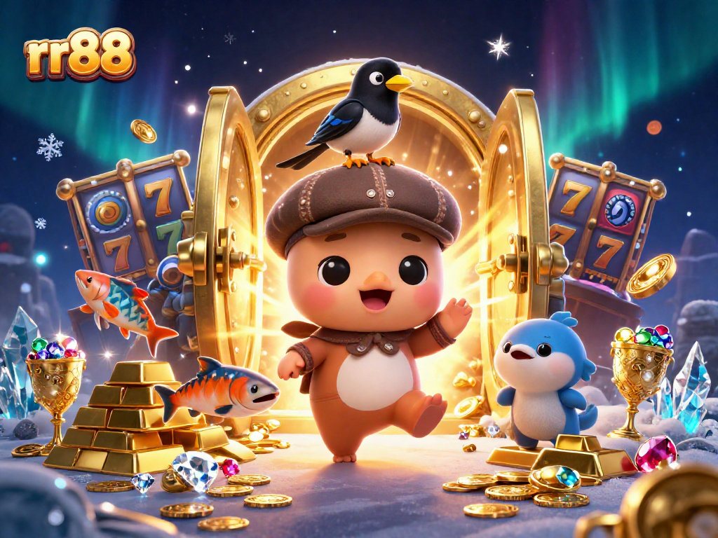rr88 engages players in a vibrant, lively casino scene featuring a playful Nessie amidst gold treasures.