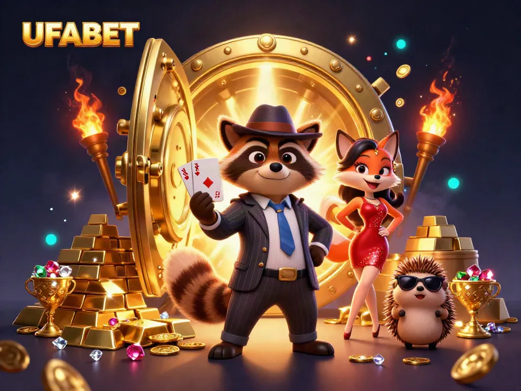Experience winning at UFABET with a suave raccoon, glamorous fox, and a bouncer amid treasures.