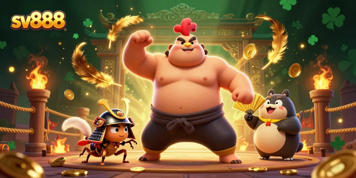 Engage in thrilling gameplay with sv888 featuring a dynamic scene of sumo rooster and samurai cricket.