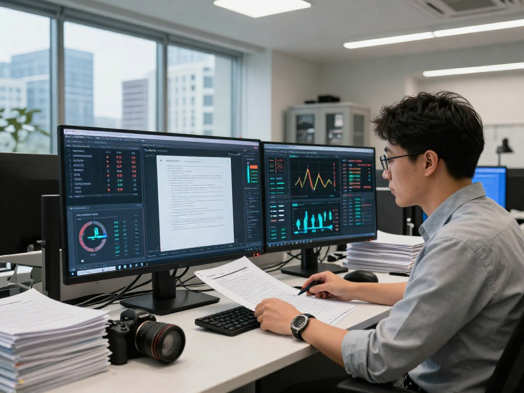 Professional analyzing document fraud detection metrics in a high-tech office setting.