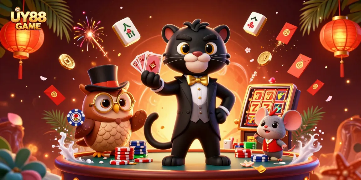 Experience thrilling gameplay with UY88 GAME in this vibrant 3D casino scene featuring unique characters.