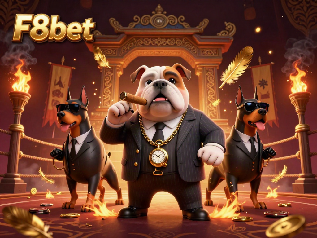 Engaging scene featuring F8bet's mafia boss bulldog with bodyguards, set in a dynamic casino background.