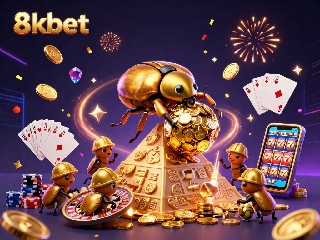 Experience gaming excitement with 8kbet’s vibrant casino scene filled with colorful characters and game elements.