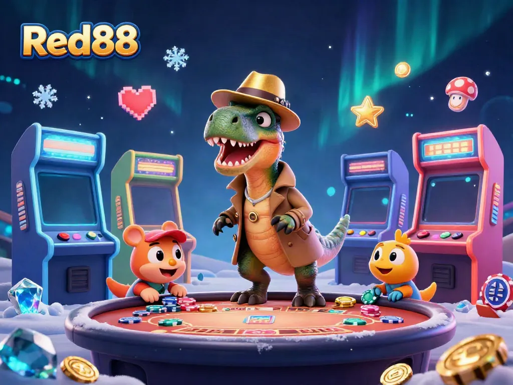 Play exciting games at Red88 with a dapper velociraptor card counter and a watchful stegosaurus pit boss.