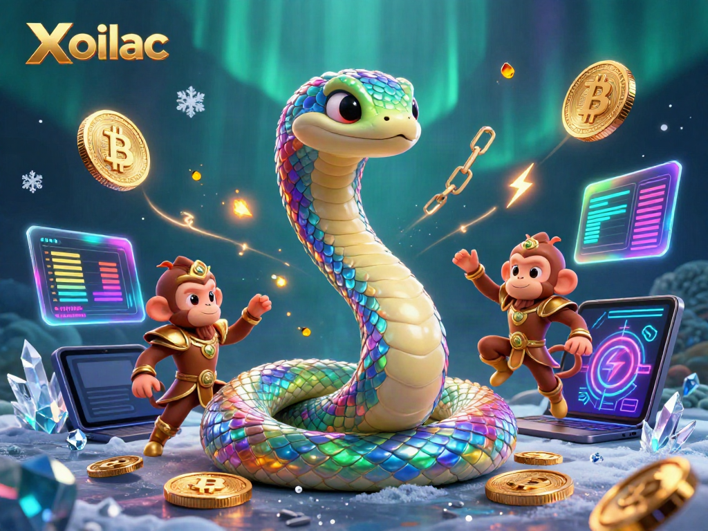 Xoilac presents a vibrant 3D illustration featuring a playful monkey king and rainbow serpent amidst glowing crypto coins.