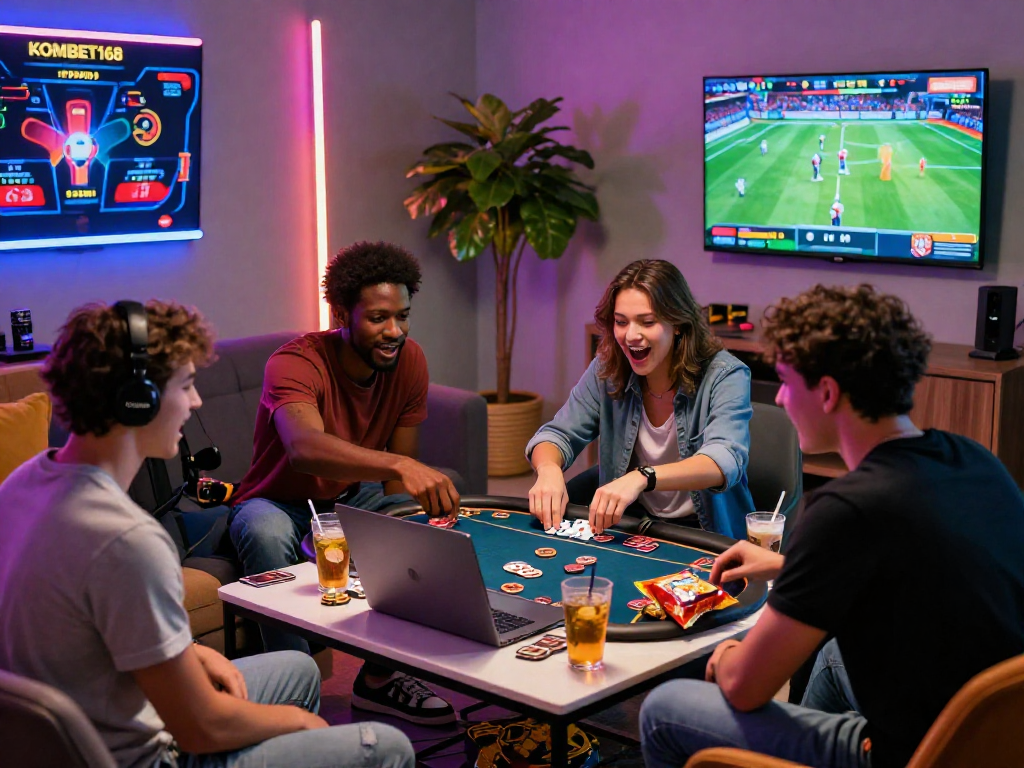 Group enjoying KOMBET168 online gaming together in a stylish setting.