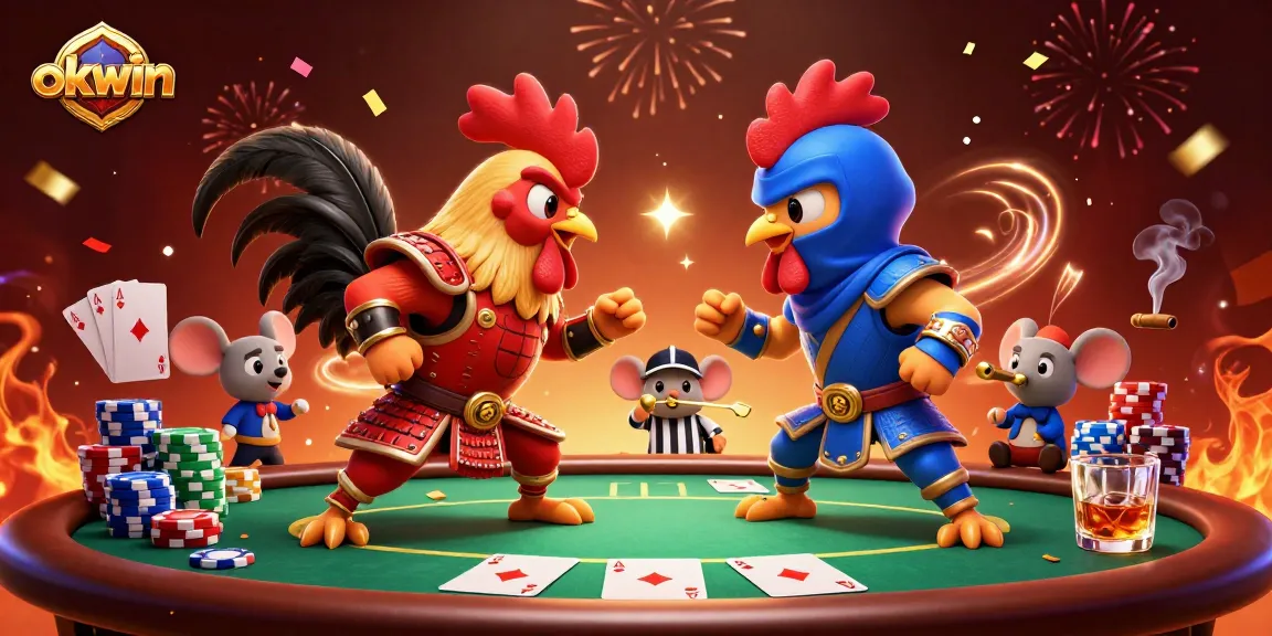 Engage in thrilling casino action with okwin's fighting roosters, poker chips, and dynamic elements.