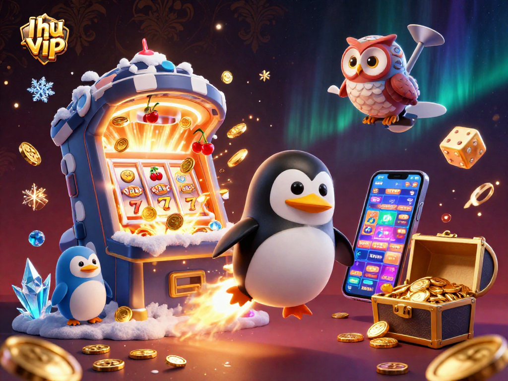 Engage with hu vip as a golden penguin symbolizes big wins at a vibrant online casino