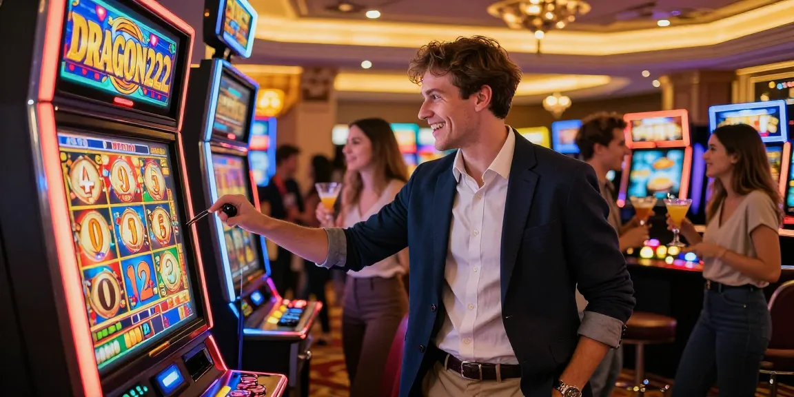 Player enjoying the DRAGON222 slot in a vibrant casino atmosphere, surrounded by excitement and gaming lights.