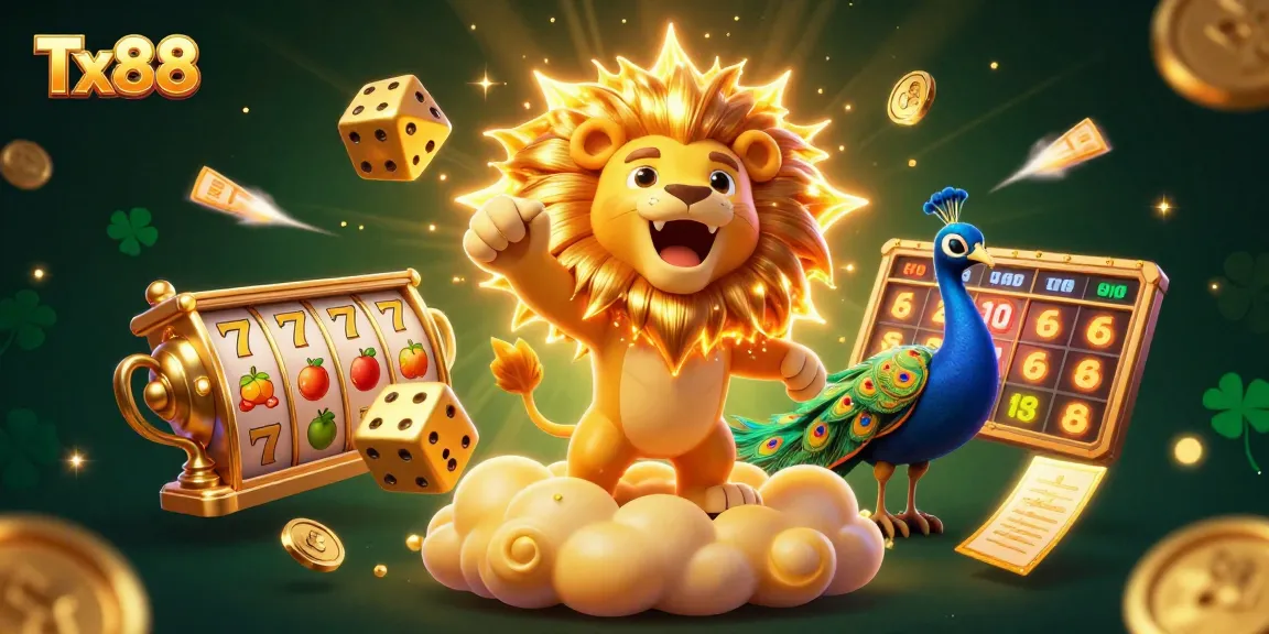 Experience Tx88 excitement with vibrant slot symbols and golden elements in a dynamic casino scene.