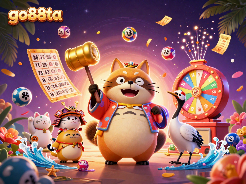 Go88ta showcases a dynamic 3D illustration of a cheerful tanuki and lottery elements in a vibrant casino scene.