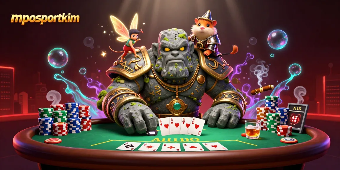 Spin the reels of fortune with mposportkim's dynamic 3D casino illustration showcasing vibrant characters and poker elements.