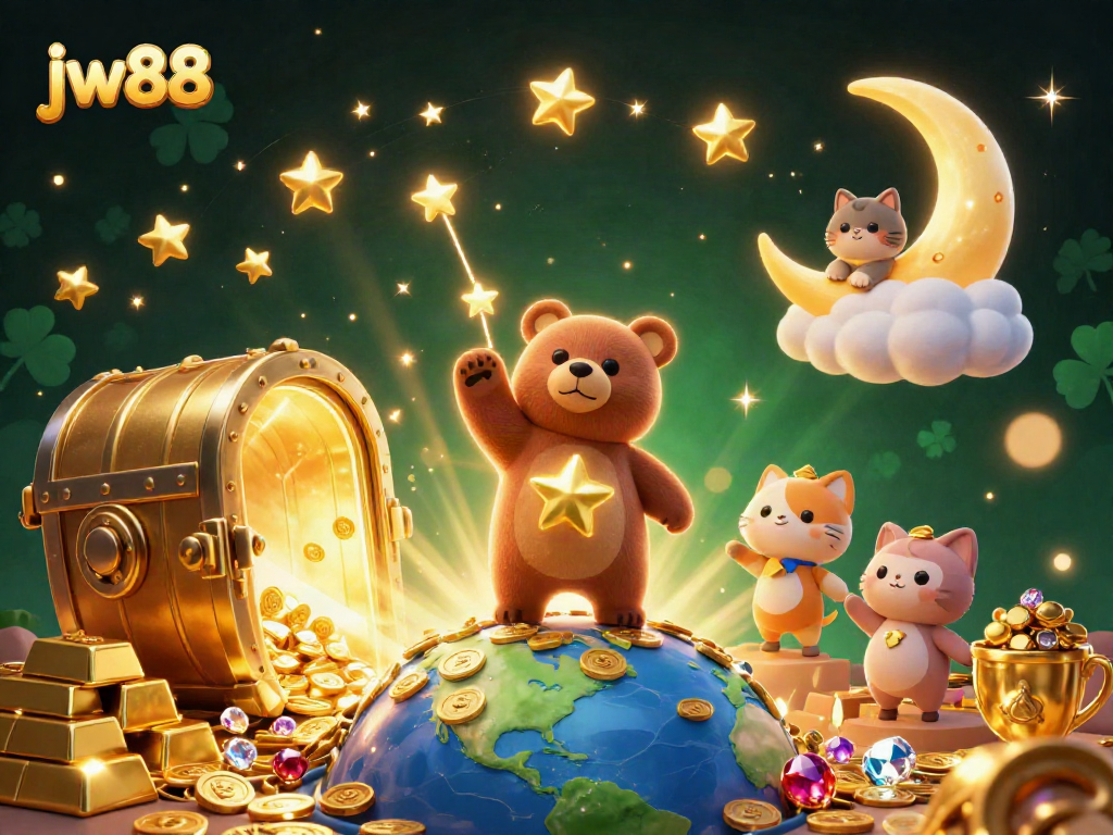 Players engage with jw88’s vibrant casino adventures, featuring golden treasures and whimsical characters.