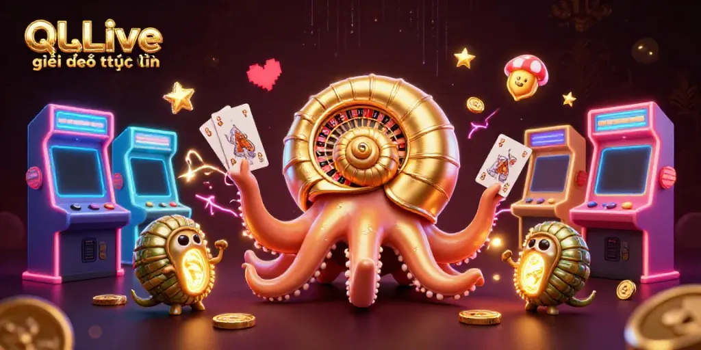 Experience QQLive giải trí trực tuyến with a vibrant 3D scene of entertainment and gaming action.