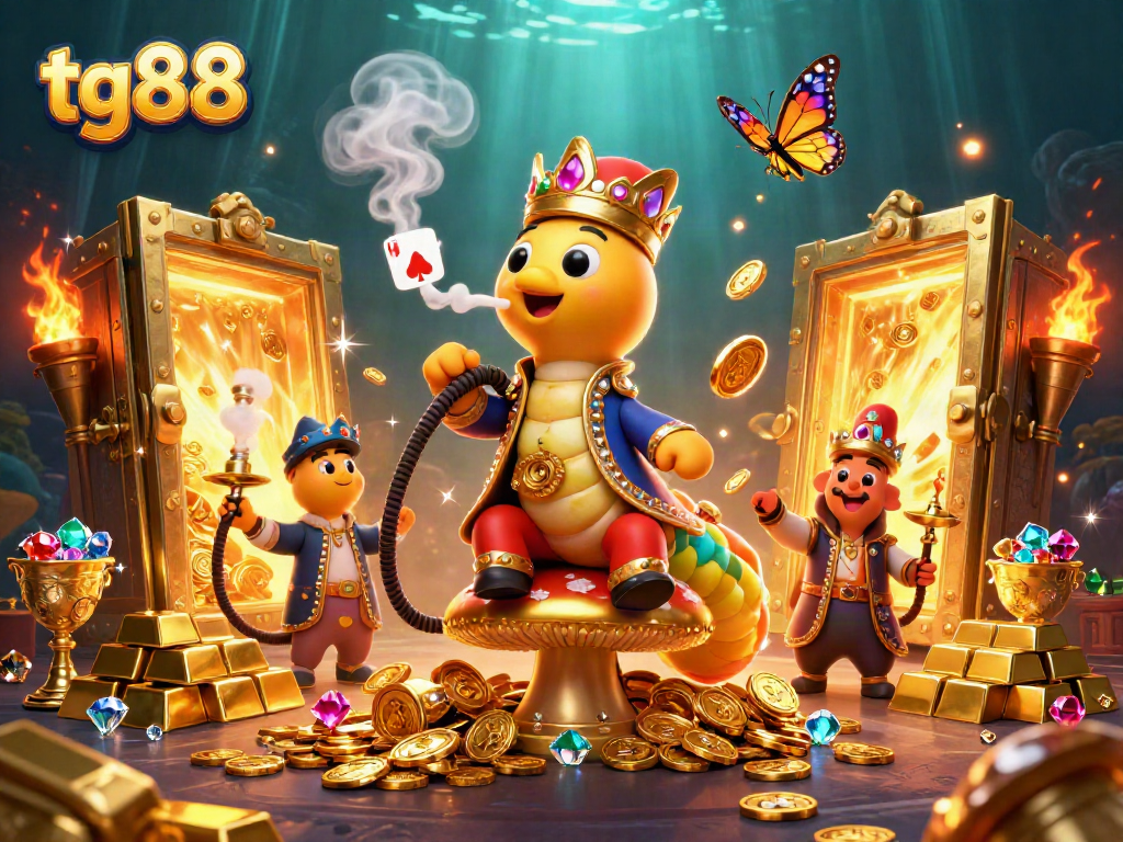 Experience the excitement of tg88 casino with a vibrant illustration of a hookah-master among treasures and poker symbols.