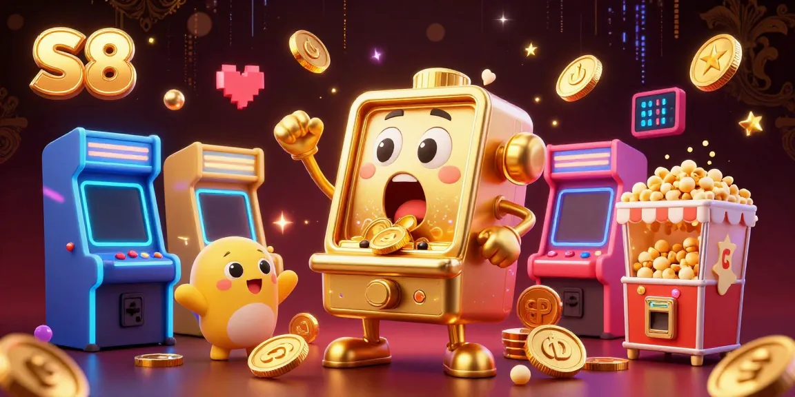 S8’s animated golden slot machine celebrating a jackpot, surrounded by cheering baby slots and a popcorn machine.