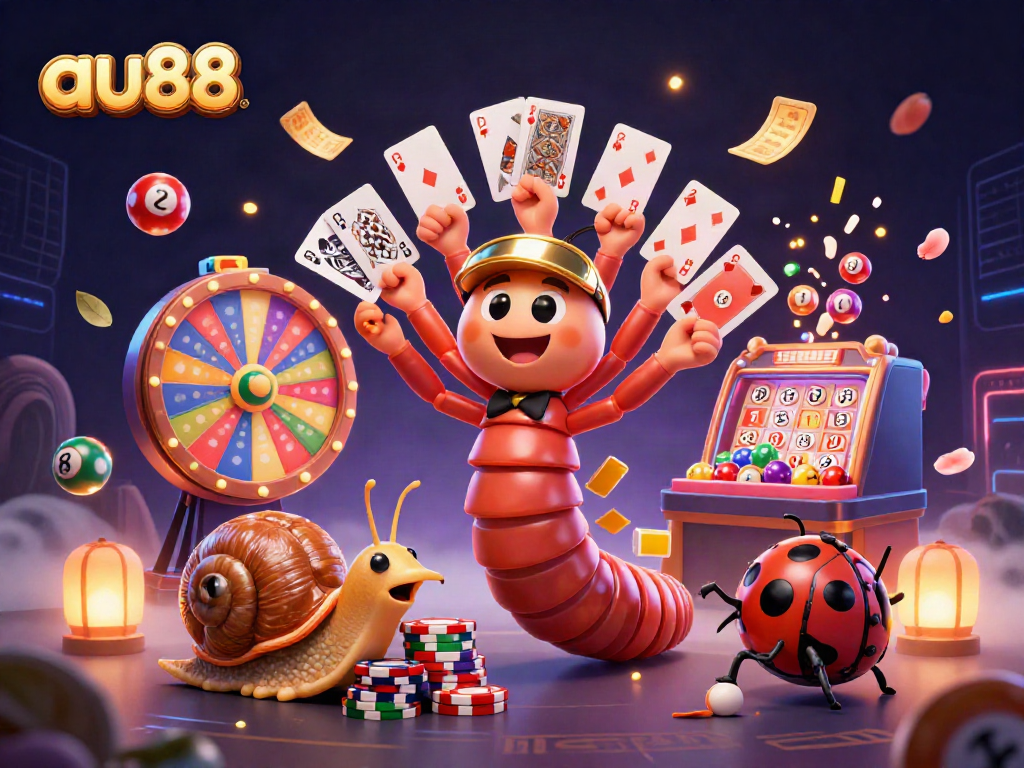 Engaging 3D illustration showcasing the lively world of au88 with a millipede dealer and vibrant game elements.