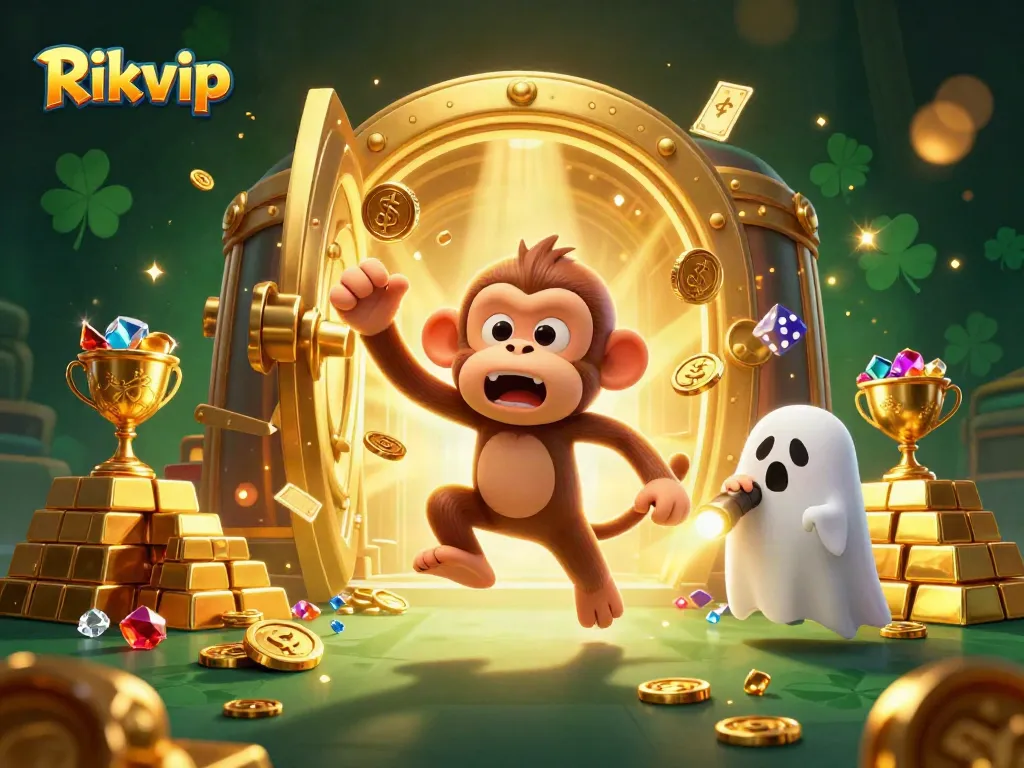 Experience thrilling gameplay with Rikvip's vibrant casino illustration, filled with golden treasures and dynamic characters.