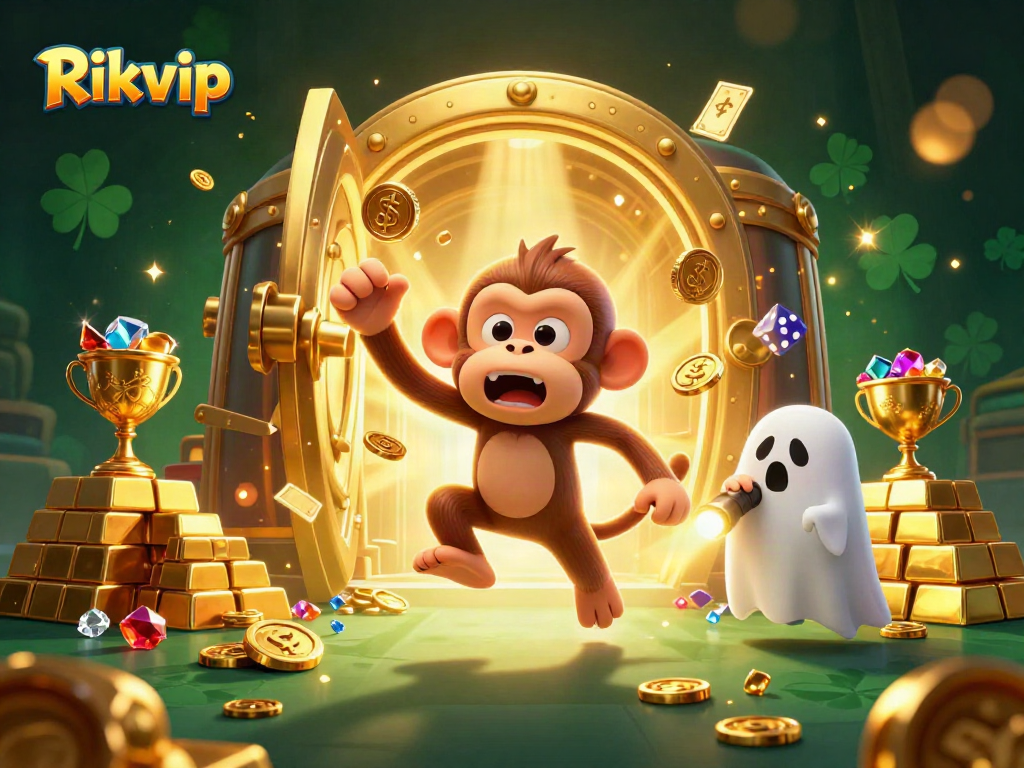 Experience thrilling gameplay with Rikvip's vibrant casino illustration, filled with golden treasures and dynamic characters.