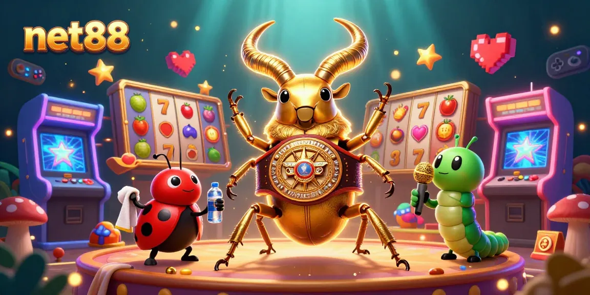 Engage in thrilling slots at net88 with giant beetle champion and colorful game elements.