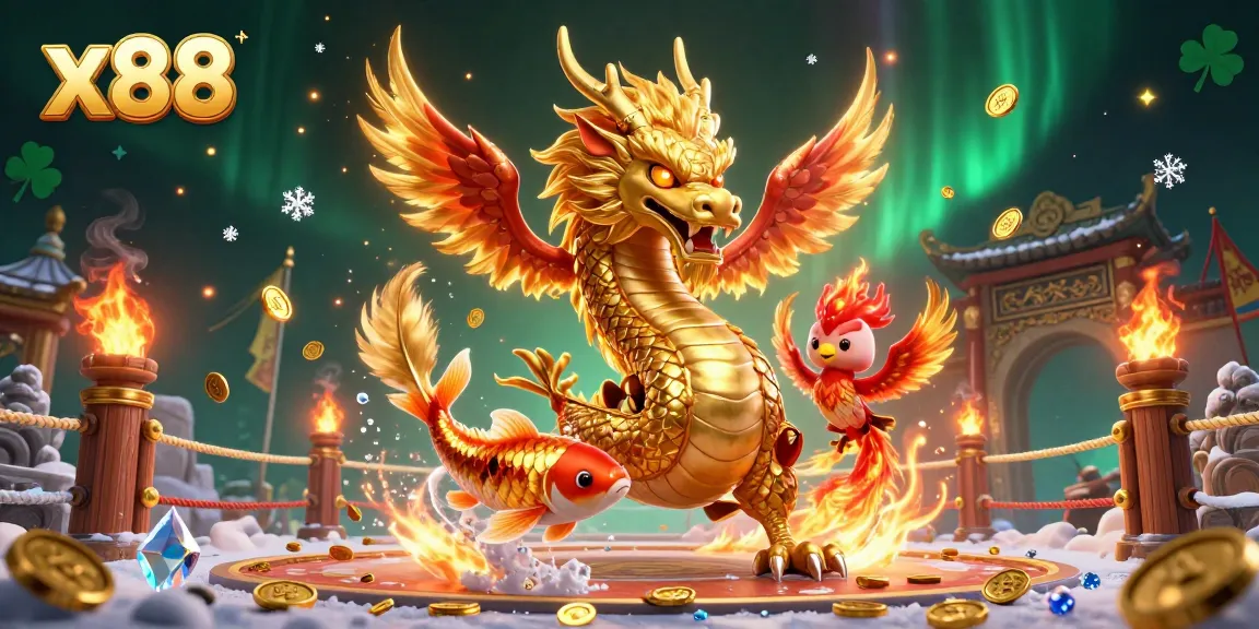 Experience thrilling gameplay with x88 featuring a fierce dragon, phoenix, and koi fish in a dynamic casino scene.