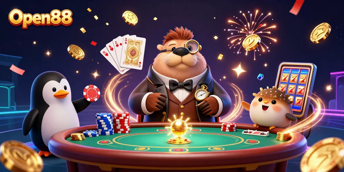 Experience the excitement of Open88 with a playful walrus in a casino scene, surrounded by golden coins.