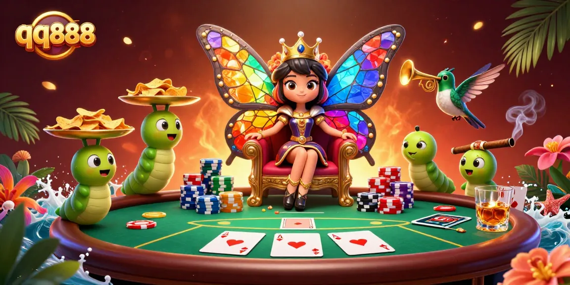 Engage in thrilling poker action at qq888, featuring a majestic butterfly queen and vibrant gaming elements.