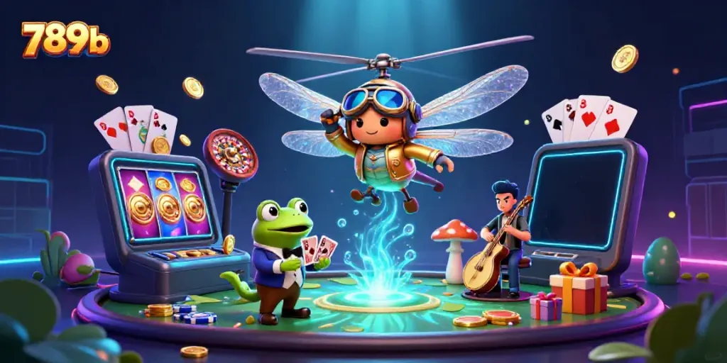 Engage in thrilling gameplay at 789b, featuring a lively dragonfly pilot, frog croupier, and vibrant casino scene.