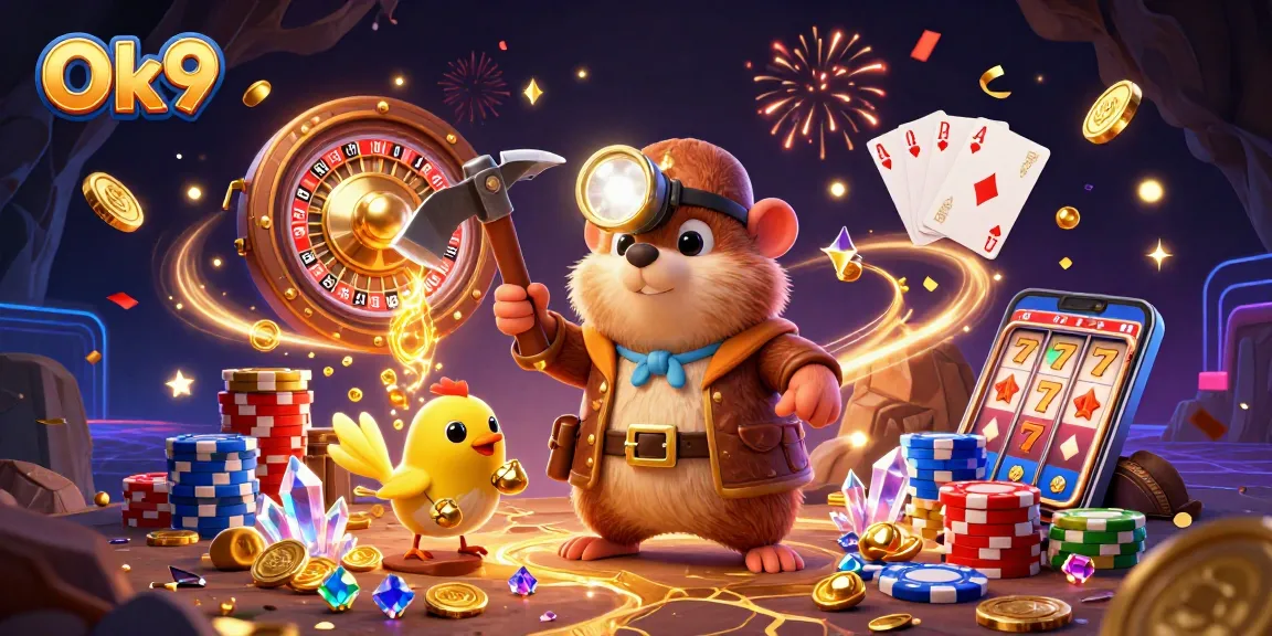 Ok9 gaming illustration with a treasure hunter mole and golden treasures, showcasing vibrant casino elements.