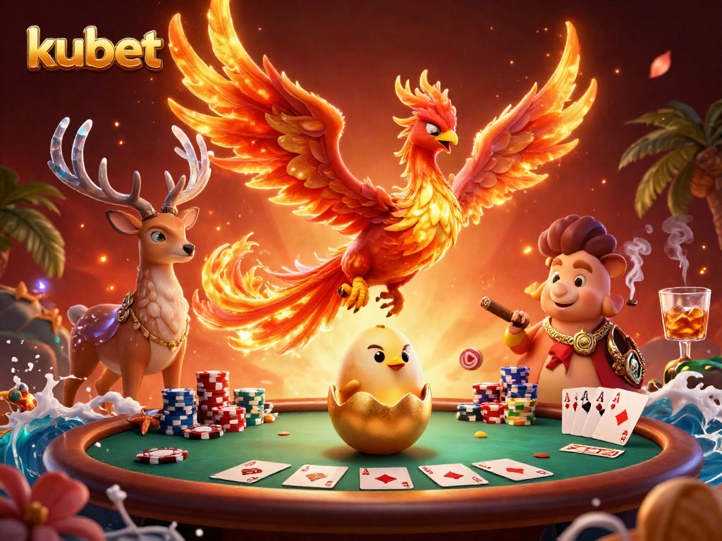 Kubet invites players to experience the thrill of casino games with a stunning phoenix and poker scene.