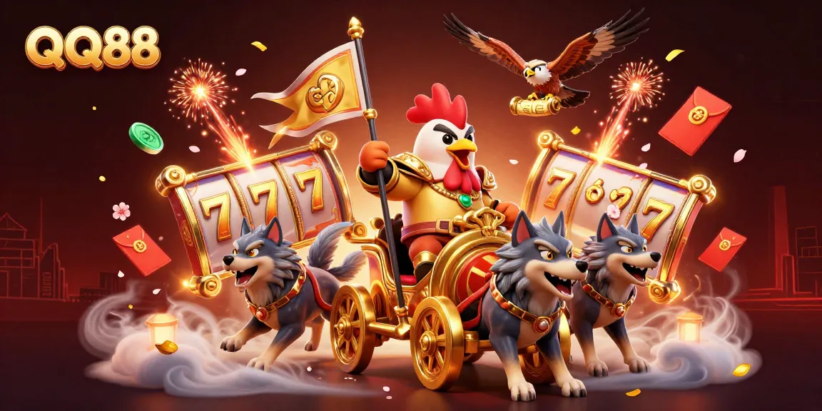 Experience thrilling gaming with QQ88's vibrant 3D illustration featuring a rooster warlord and dynamic casino elements.