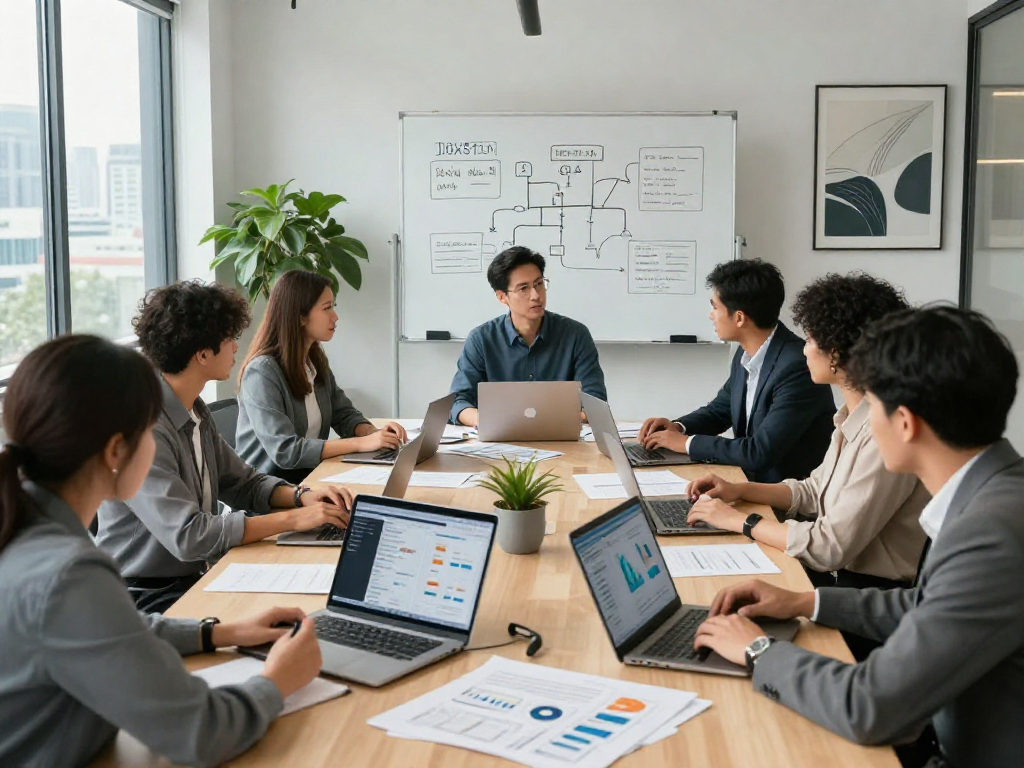 Team discussing IDXSTAR software solutions in a modern office setting.